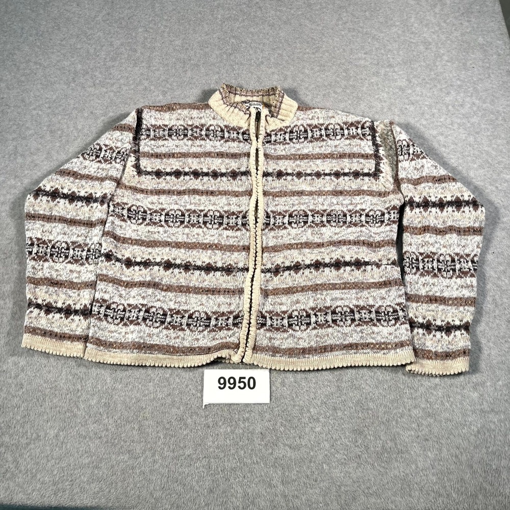 Vintage Heirloom Sweater Womens Large Brown Ramie Fair Isle Mock Neck Full Zip